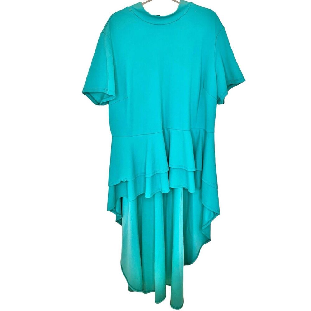 Ashley Stewart High Low Ruffle Peplum Mock Neck Duster Top Size 30/32 Aqua Green